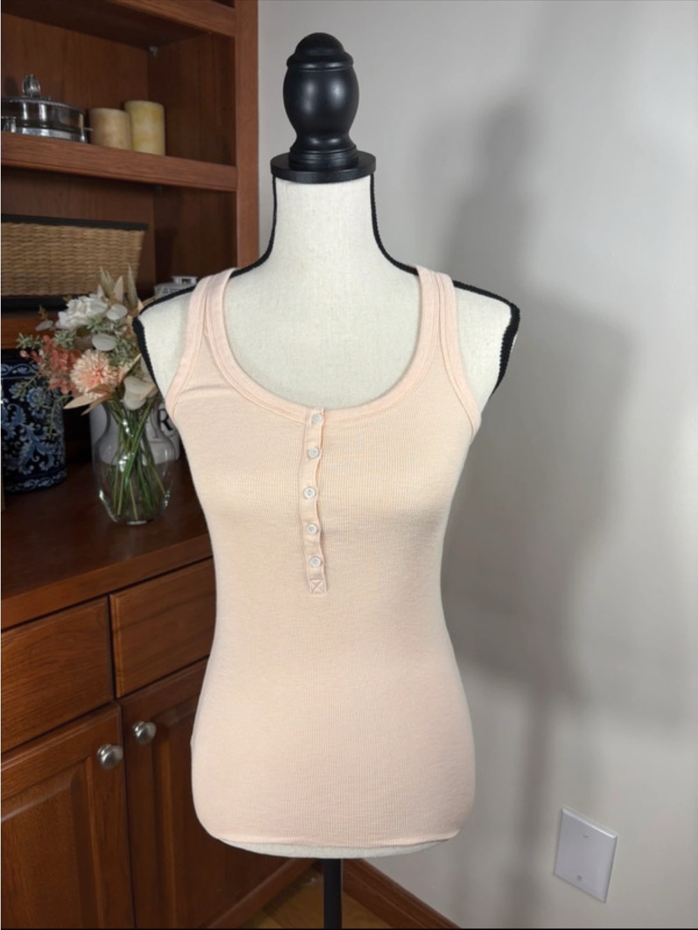 aerie Pale Peach Ribbed Henley Tank